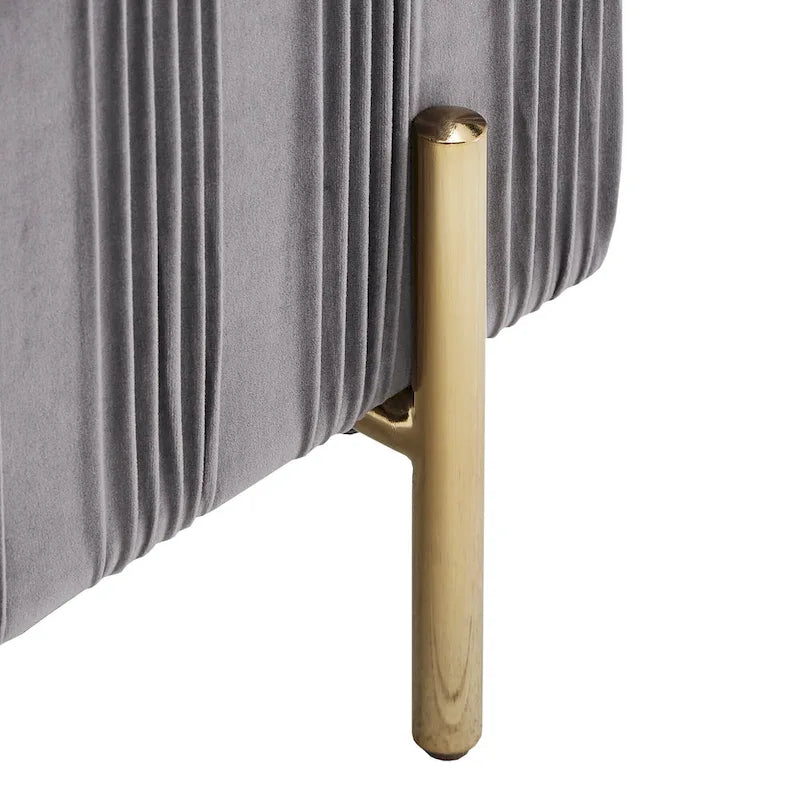 Banc de rangement gris en velours plissé avec couvercle relevable