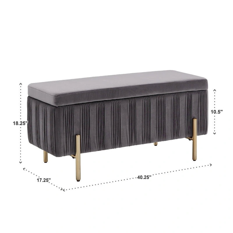 Banc de rangement gris en velours plissé avec couvercle relevable