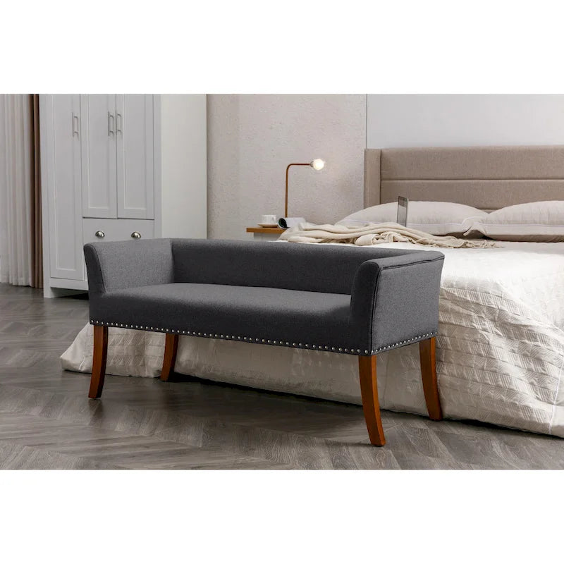 Banc rembourré en tissu avec pieds en hévéa