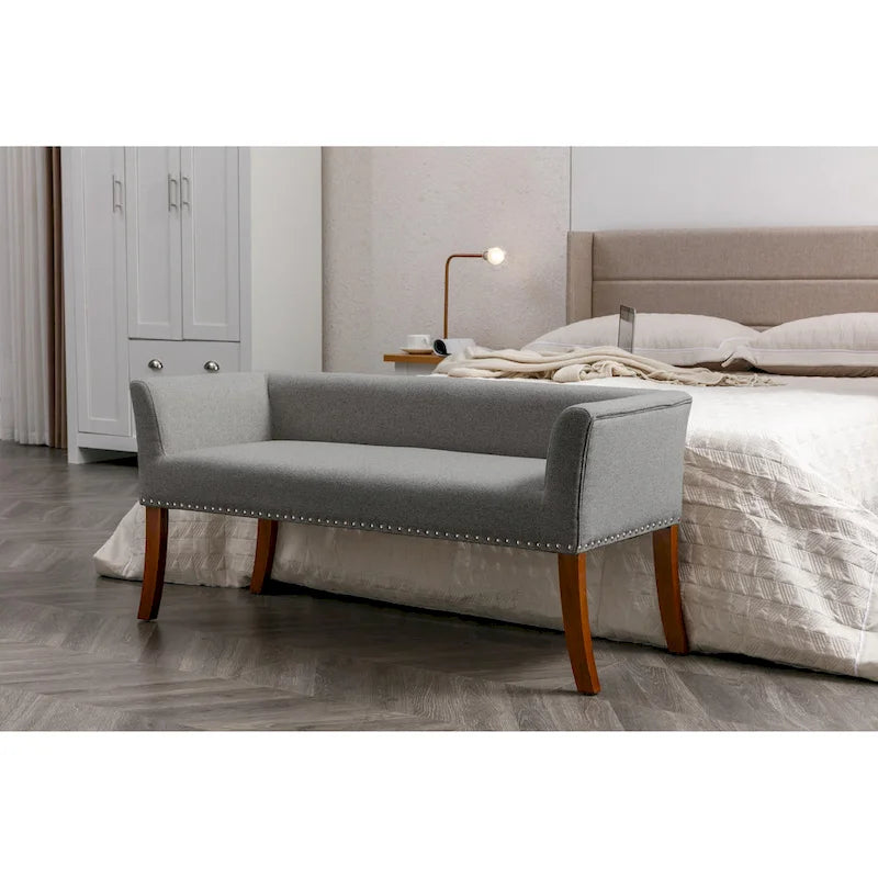 Banc rembourré en tissu avec pieds en hévéa