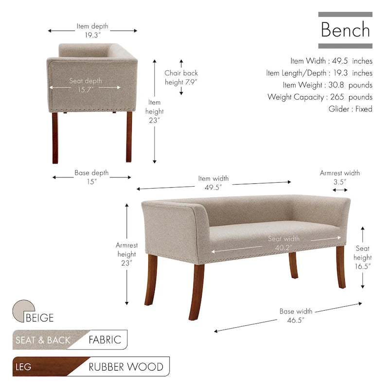 Banc rembourré en tissu avec pieds en hévéa