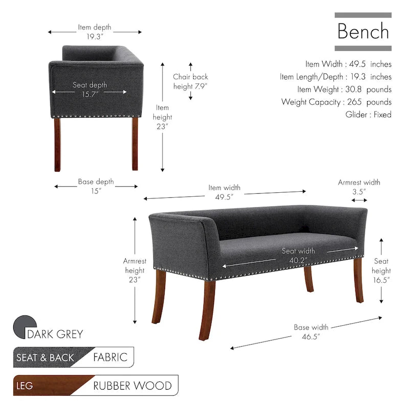 Banc rembourré en tissu avec pieds en hévéa