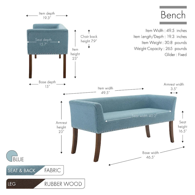 Banc rembourré en tissu avec pieds en hévéa
