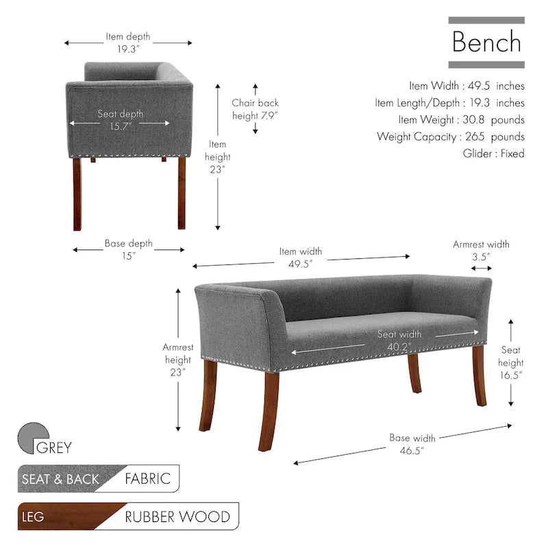 Banc rembourré en tissu avec pieds en hévéa