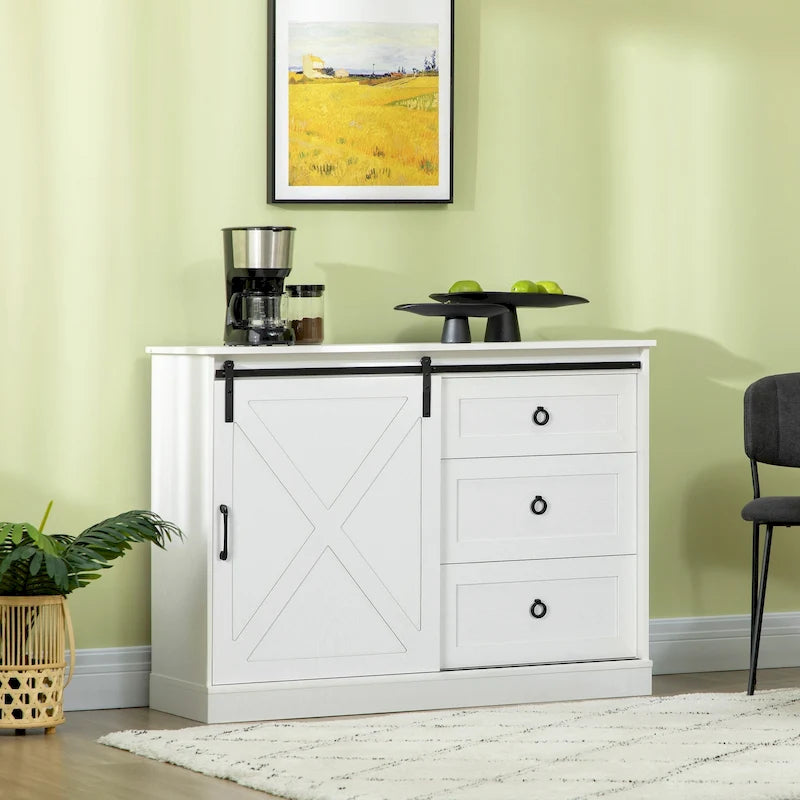 Meuble de café de style ferme, buffet de cuisine, buffet avec porte coulissante de style grange et 3 tiroirs de rangement, gris foncé