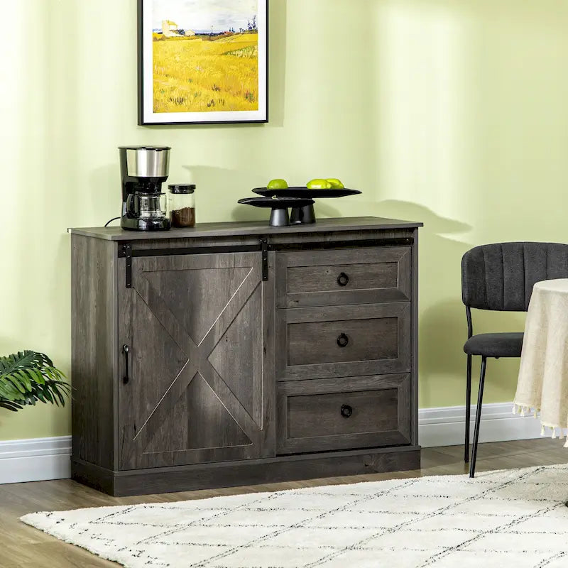 Meuble de café de style ferme, buffet de cuisine, buffet avec porte coulissante de style grange et 3 tiroirs de rangement, gris foncé