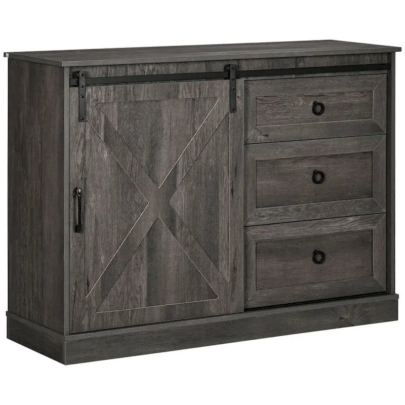 Meuble de café de style ferme, buffet de cuisine, buffet avec porte coulissante de style grange et 3 tiroirs de rangement, gris foncé
