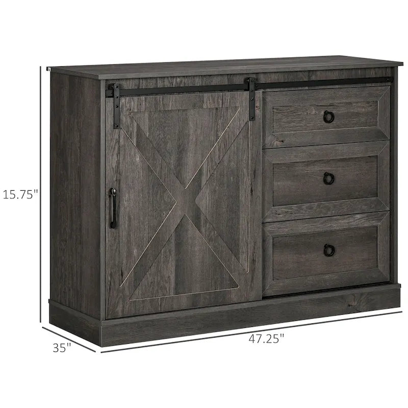 Meuble de café de style ferme, buffet de cuisine, buffet avec porte coulissante de style grange et 3 tiroirs de rangement, gris foncé