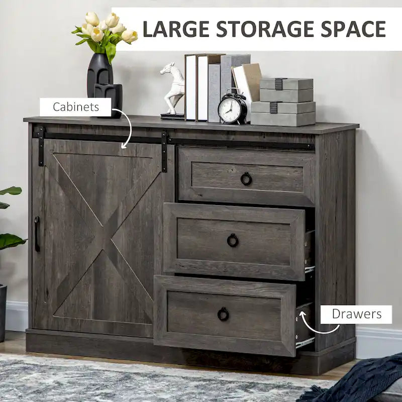 Meuble de café de style ferme, buffet de cuisine, buffet avec porte coulissante de style grange et 3 tiroirs de rangement, gris foncé