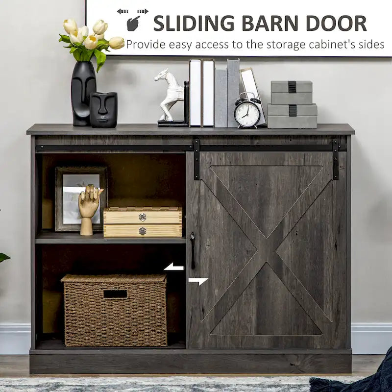 Meuble de café de style ferme, buffet de cuisine, buffet avec porte coulissante de style grange et 3 tiroirs de rangement, gris foncé