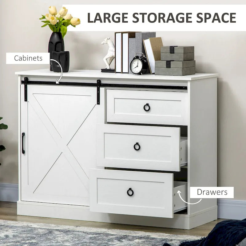 Meuble de café de style ferme, buffet de cuisine, buffet avec porte coulissante de style grange et 3 tiroirs de rangement, gris foncé
