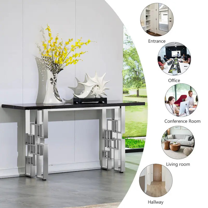 Modern Console Table 55 inch Sofa Table with High Gloss Top and Mirrored Metal Base for Entryway Living Room