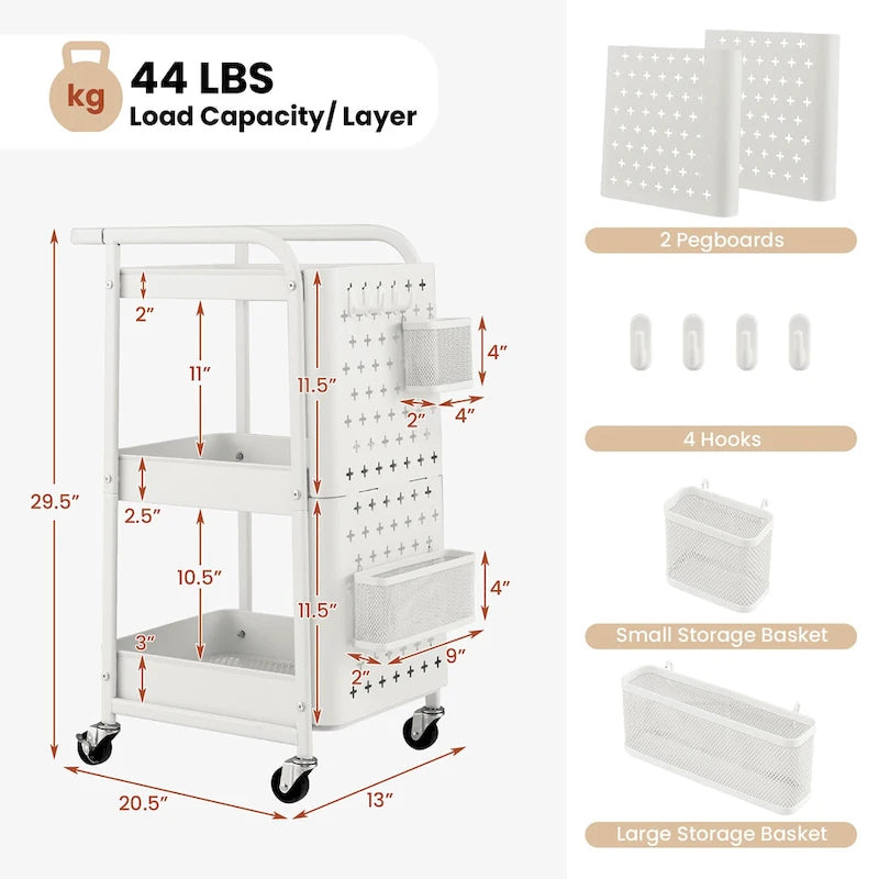 3Tier Rolling Cart Storage Trolley Organizer Mobile Metal Utility Cart