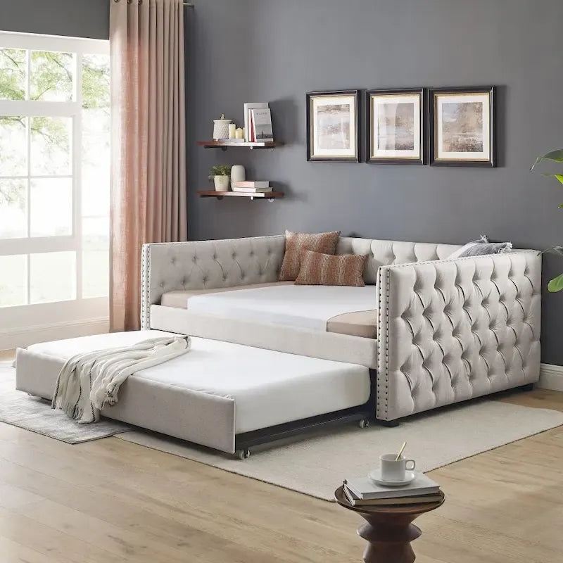 Full Daybed with Trundle Upholstered Tufted Sofa Bed, with Button and Copper Nail on Square Arms