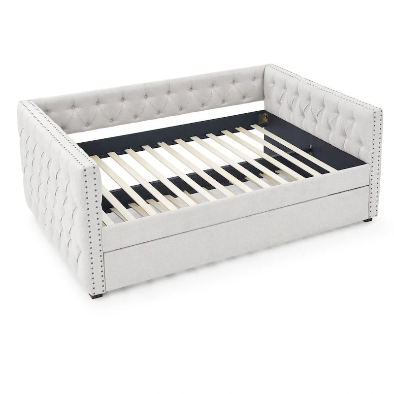 Full Daybed with Trundle Upholstered Tufted Sofa Bed, with Button and Copper Nail on Square Arms