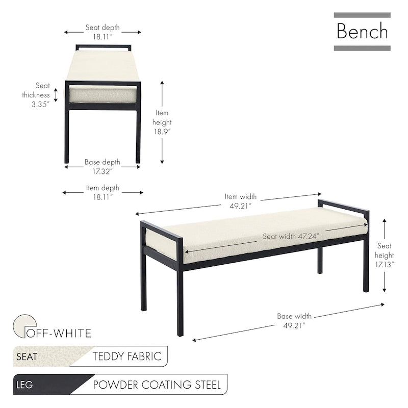 Porthos Home Rue Teddy Fabric Upholstered Bench with Steel Legs