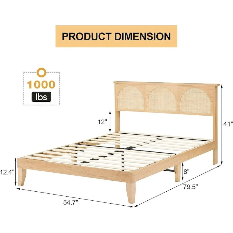 Bed Frame with Natural Rattan Headboard