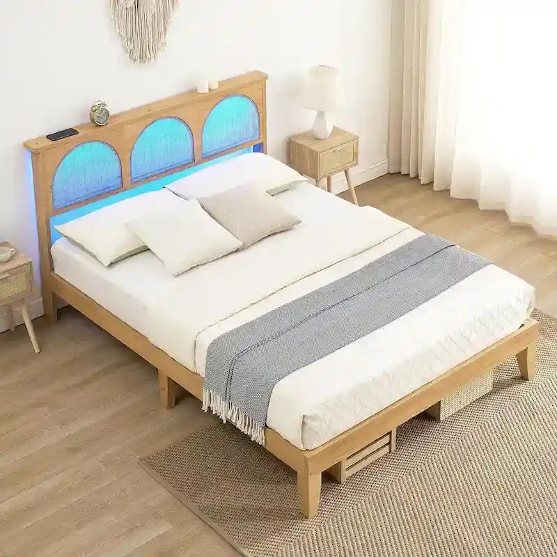 Bed Frame with Natural Rattan Headboard
