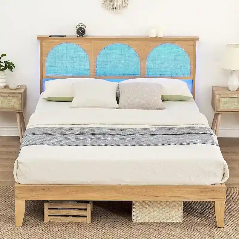 Bed Frame with Natural Rattan Headboard