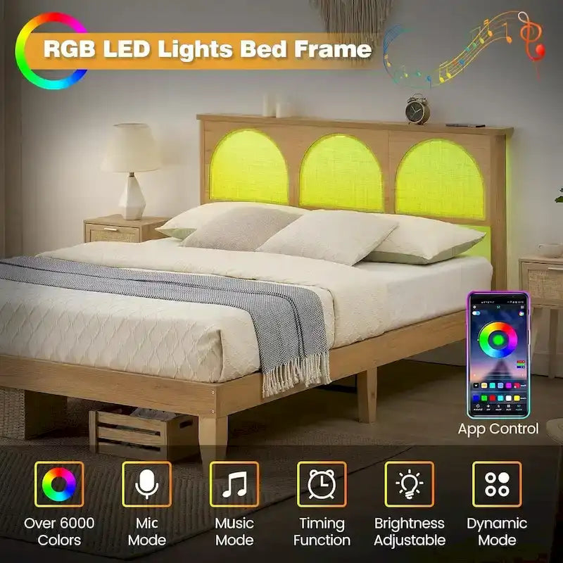 Bed Frame with Natural Rattan Headboard