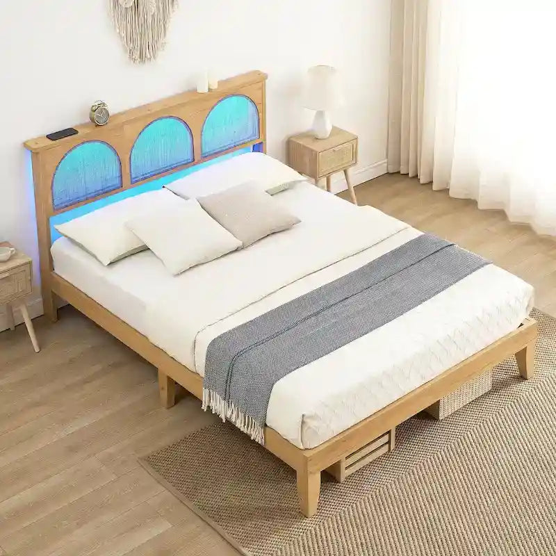 Bed Frame with Natural Rattan Headboard