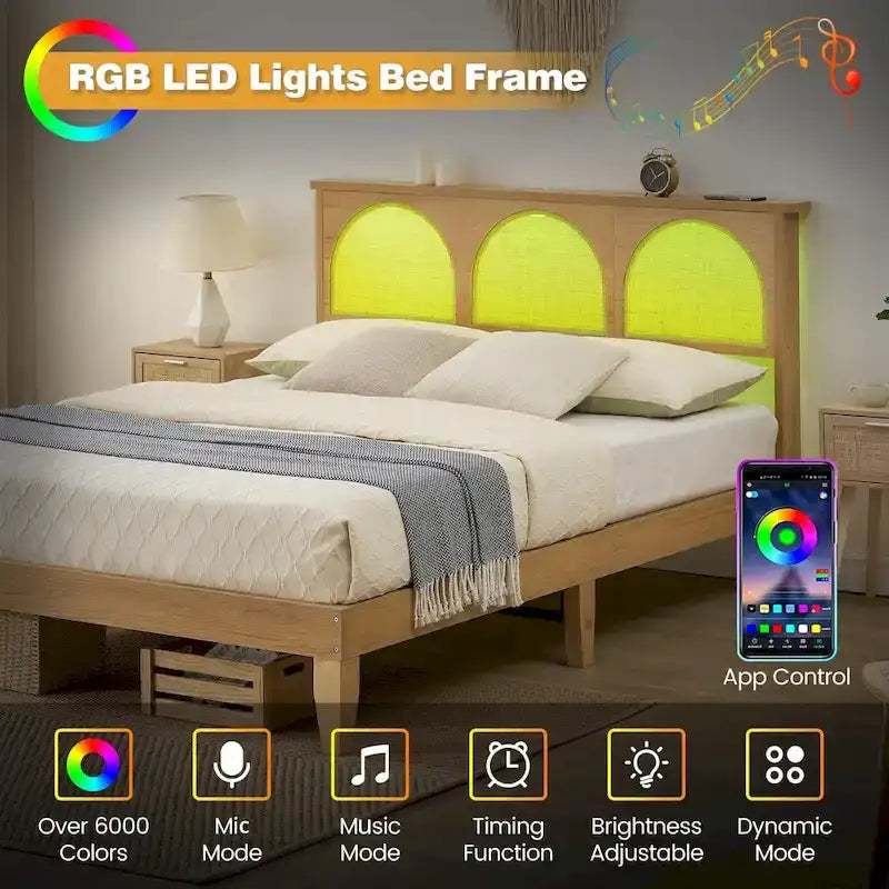Bed Frame with Natural Rattan Headboard