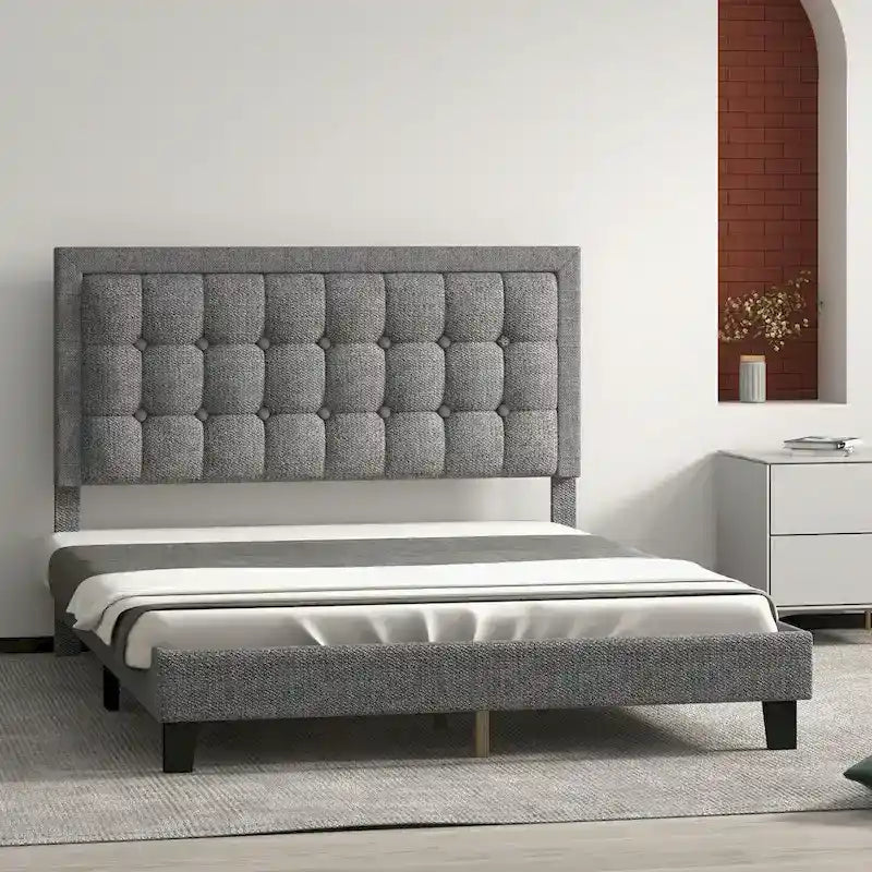 Bed Frame with Upholstered Button Tufted Headboard