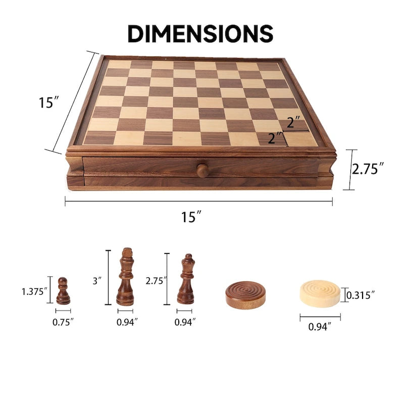 GSE 15 Large Wooden 2-in-1 Chess and Checkers Board Game Combo Set with Drawer