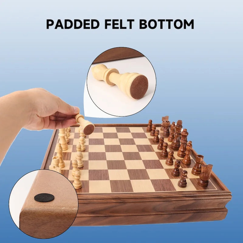 GSE 15 Large Wooden 2-in-1 Chess and Checkers Board Game Combo Set with Drawer