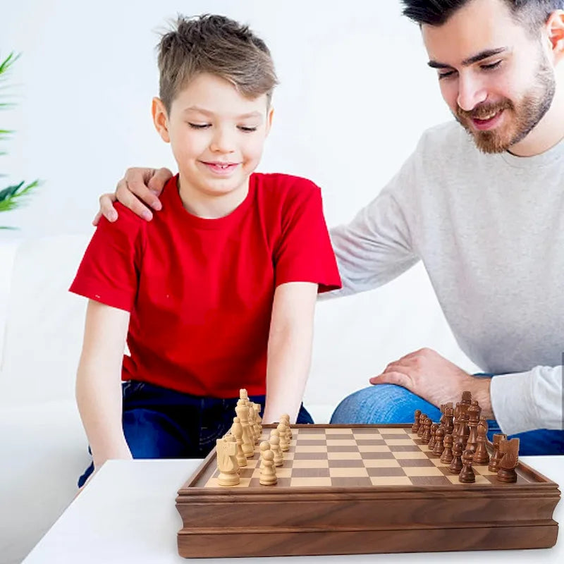 GSE 15 Large Wooden 2-in-1 Chess and Checkers Board Game Combo Set with Drawer