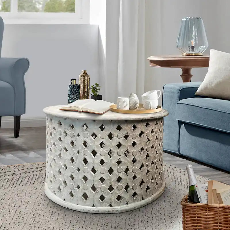 Cato 28 Inch Artisanal Round Mango Wood Coffee Table, Intricate Diamond Lattice Cut Out Frame, Washed White