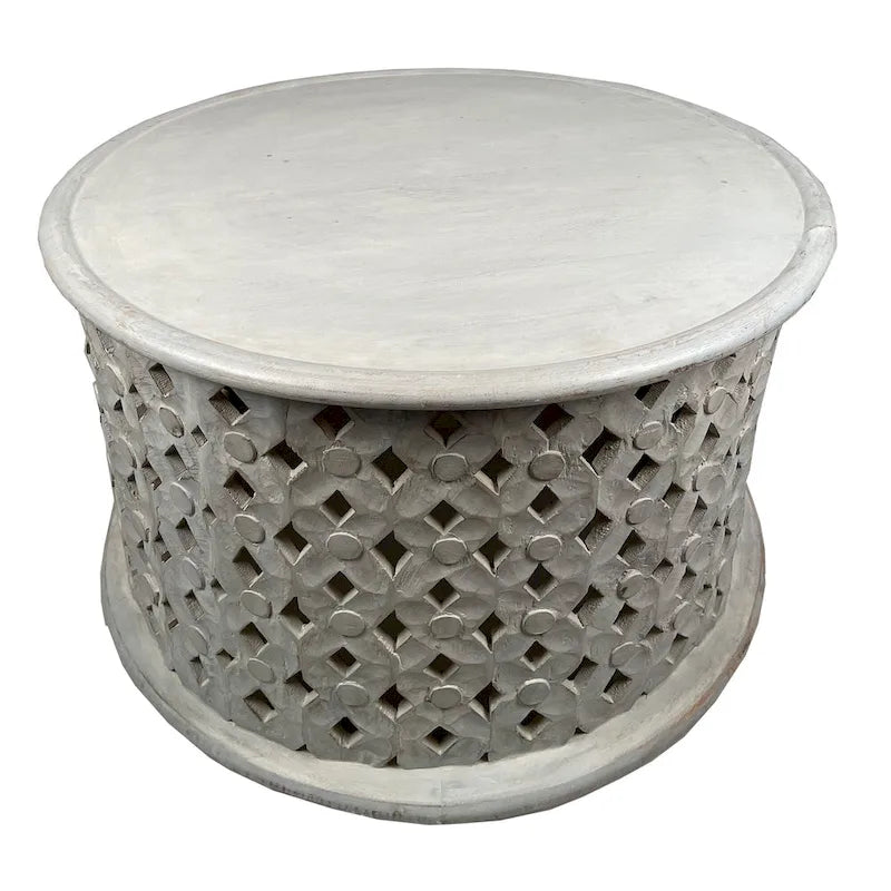 Cato 28 Inch Artisanal Round Mango Wood Coffee Table, Intricate Diamond Lattice Cut Out Frame, Washed White