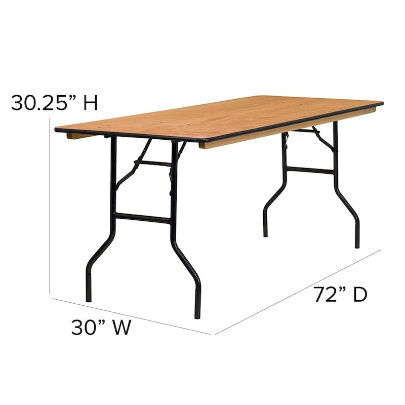 6-Foot Rectangular Wood Folding Banquet Table with Clear Coated Finished Top - 72D x 30W x 30.25H