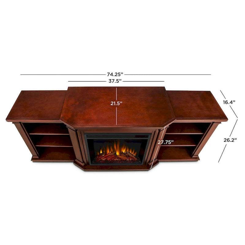Valmont 74.25 Electric TV Stand Fireplace in Dark Mahogany by Real Flame - 75.5 W x 21.5 D x 27.7 H