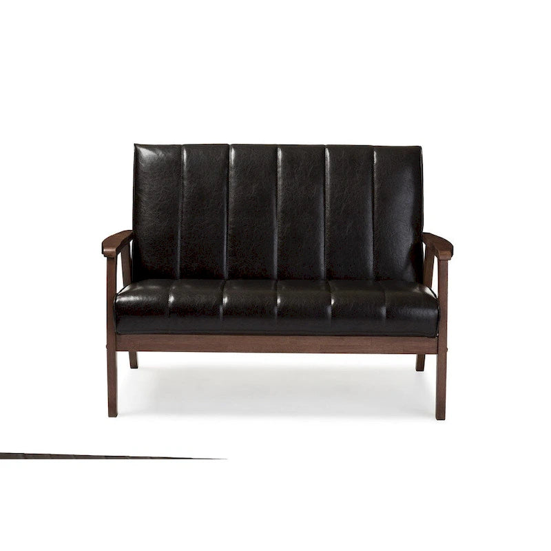 Baxton Studio Nikko Mid-century Modern Scandinavian Style Dark Brown Faux Leather Wooden 2-Seater Loveseat