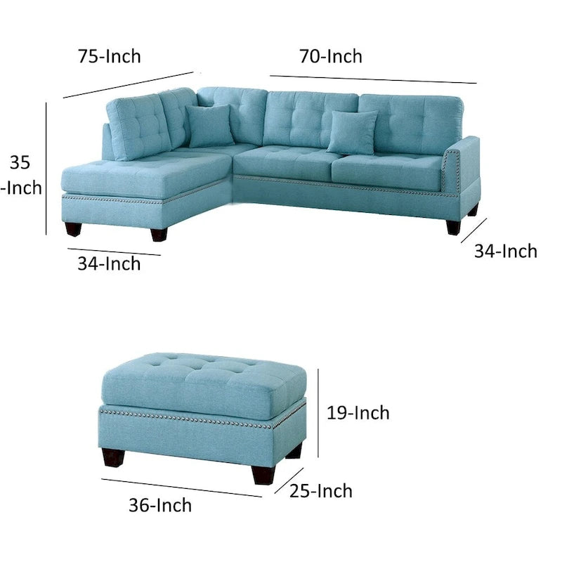 Polyfiber 3 Piece Sectional Set With Plush Cushion In Blue