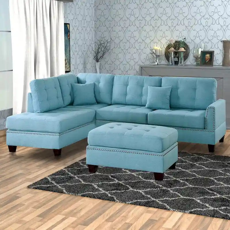 Polyfiber 3 Piece Sectional Set With Plush Cushion In Blue