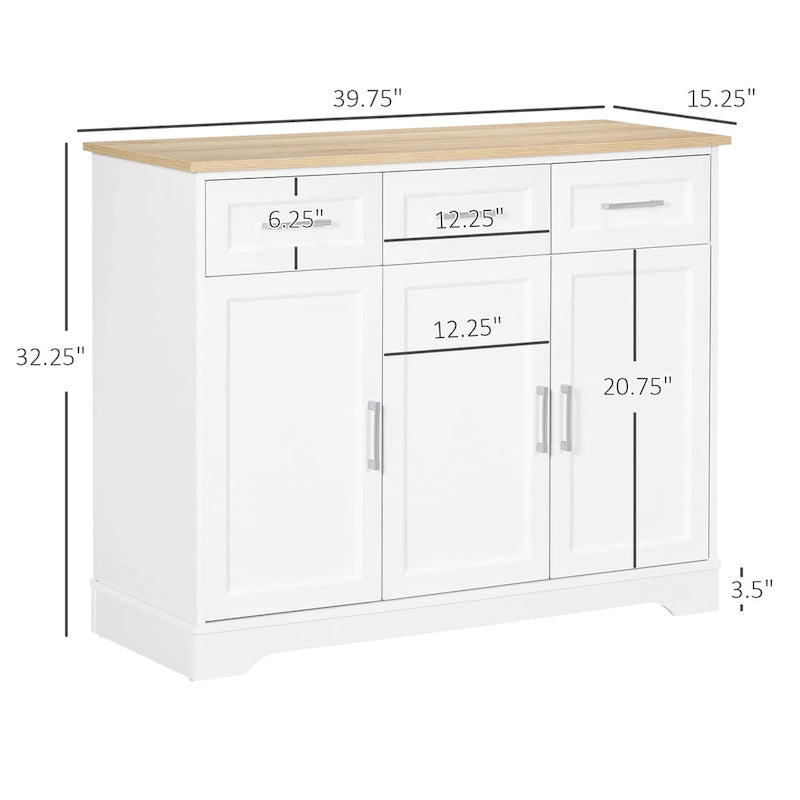 Bahut de cuisine moderne avec rangements polyvalents, 3 tiroirs, placards et étagère réglable