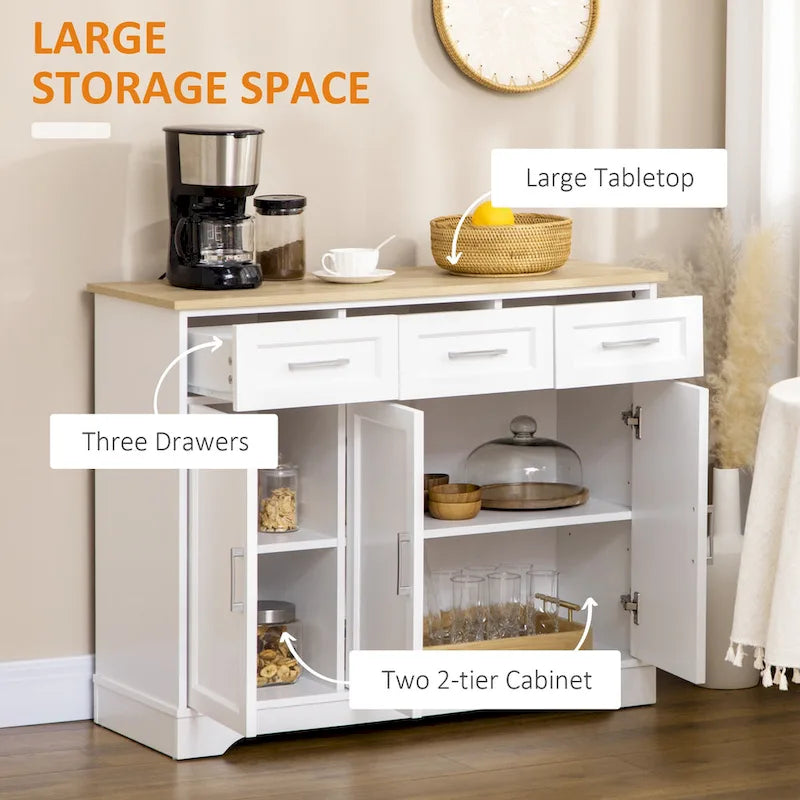 Bahut de cuisine moderne avec rangements polyvalents, 3 tiroirs, placards et étagère réglable