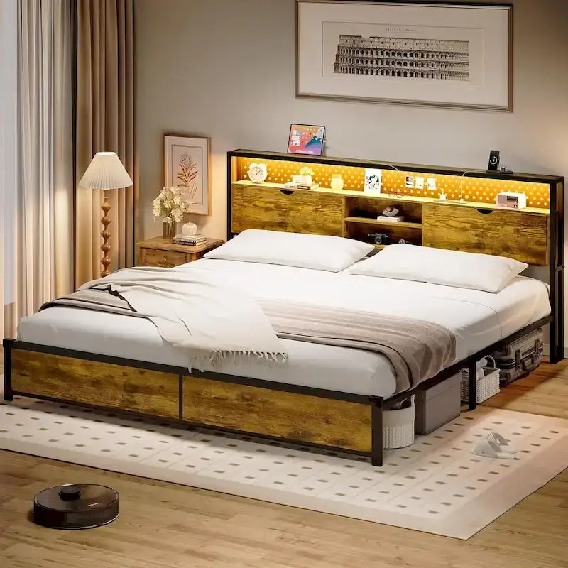 Bed Frame Hidden Storage Headboard 2-Tier Built-in LED Lights Metal