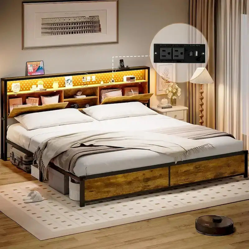 Bed Frame Hidden Storage Headboard 2-Tier Built-in LED Lights Metal