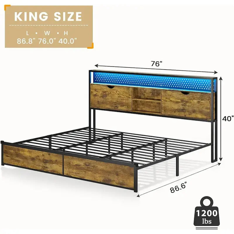 Bed Frame Hidden Storage Headboard 2-Tier Built-in LED Lights Metal