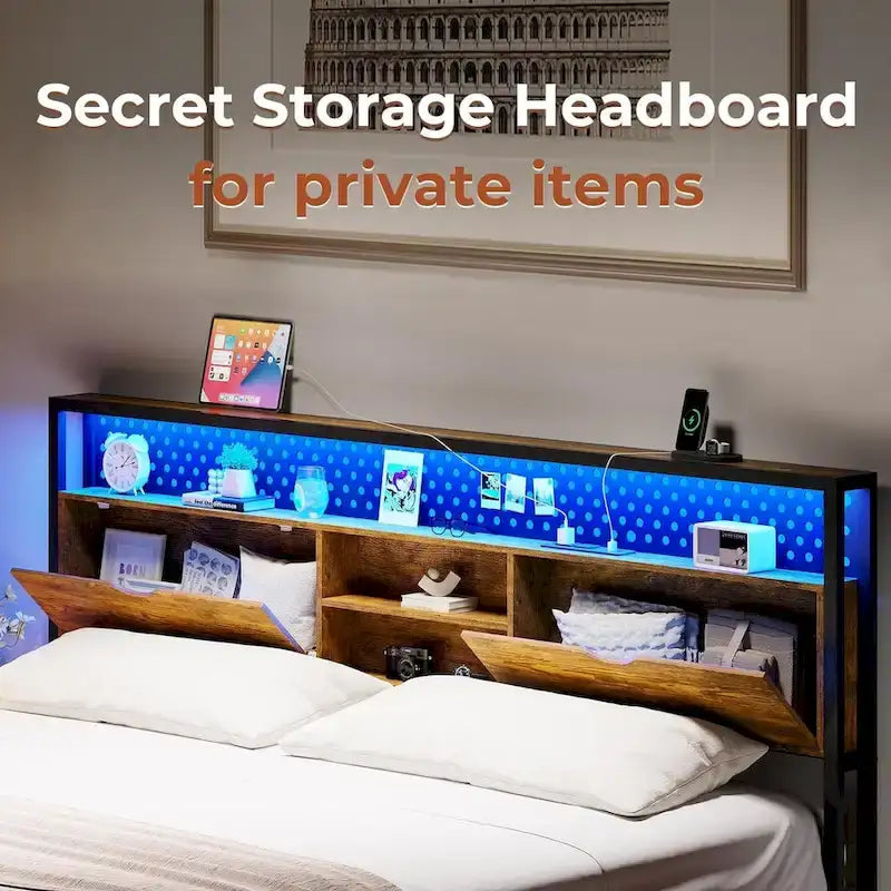 Bed Frame Hidden Storage Headboard 2-Tier Built-in LED Lights Metal