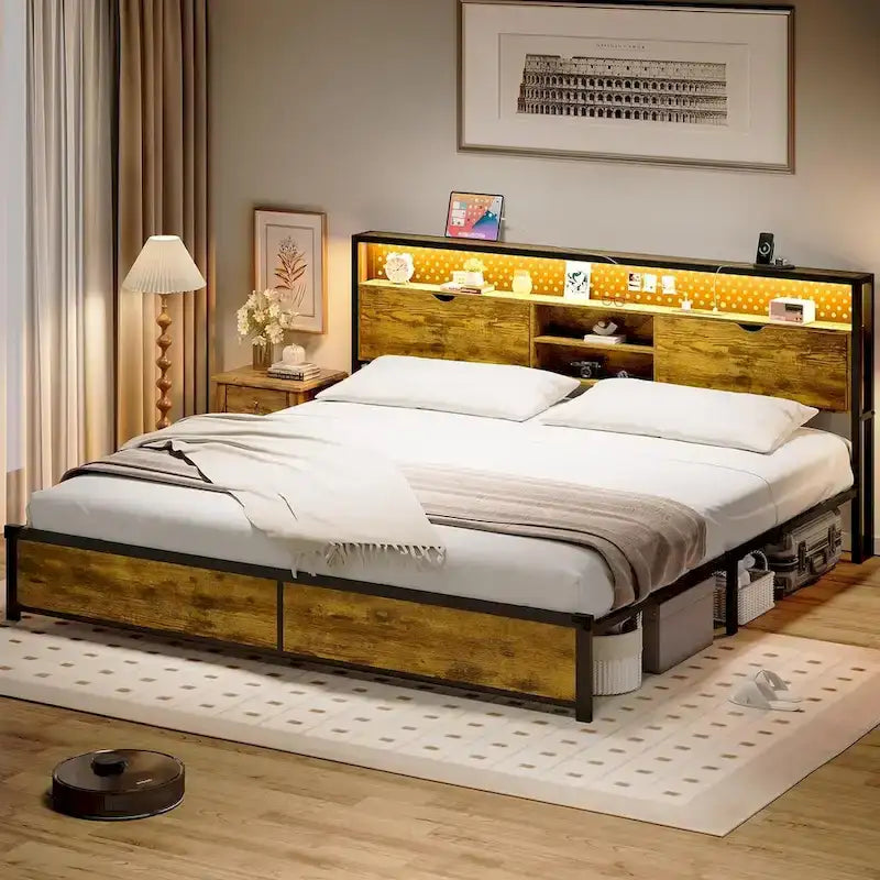Bed Frame Hidden Storage Headboard 2-Tier Built-in LED Lights Metal