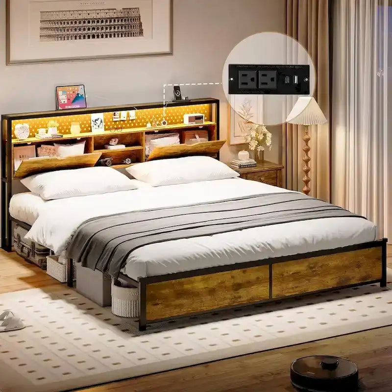 Bed Frame Hidden Storage Headboard 2-Tier Built-in LED Lights Metal