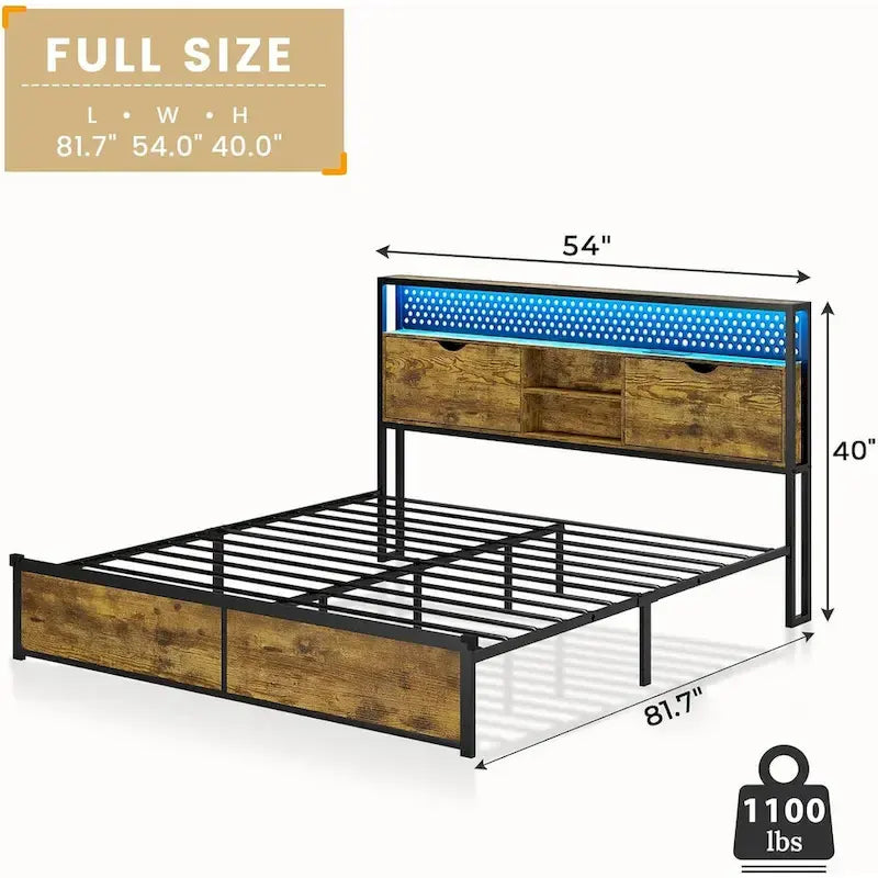 Bed Frame Hidden Storage Headboard 2-Tier Built-in LED Lights Metal
