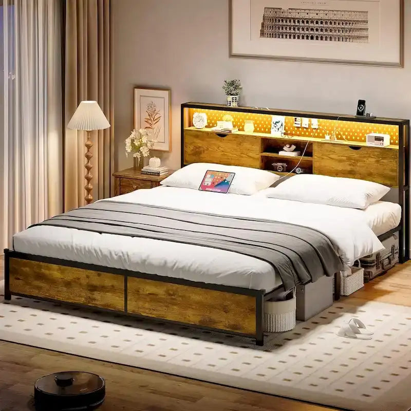 Bed Frame Hidden Storage Headboard 2-Tier Built-in LED Lights Metal