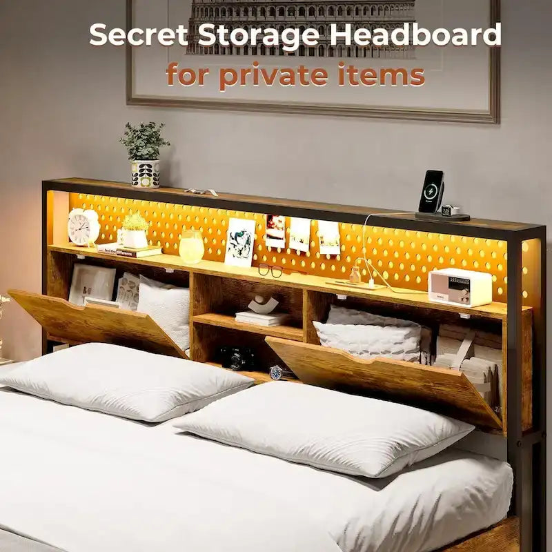 Bed Frame Hidden Storage Headboard 2-Tier Built-in LED Lights Metal