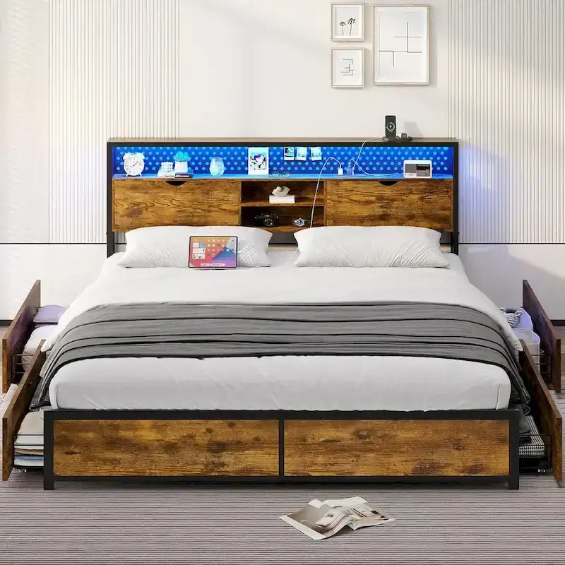 Bed Frame Hidden Storage Headboard 2-Tier Built-in LED Lights Metal