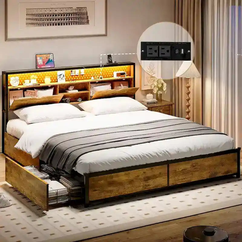 Bed Frame Hidden Storage Headboard 2-Tier Built-in LED Lights Metal